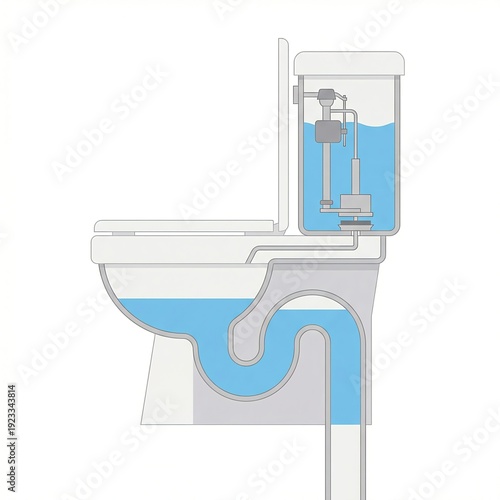 Detailed cross section illustration of a modern toilet showing internal tank mechanism, water flow system and S trap structure