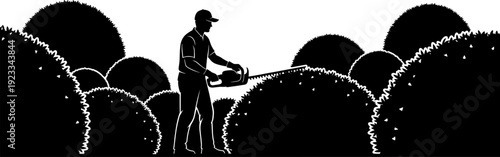 Gardener trimming bushes silhouette vector illustration, professional landscaping work concept, hedge cutting maintenance scene, outdoor garden care, black and white design