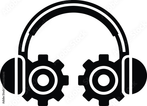 Black and white illustration of headphones combined with gear mechanisms