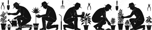 Gardener working silhouette vector illustration, man planting and watering plants, garden tools and potted plants, agriculture and horticulture concept design