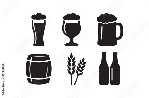 Black silhouette icons depicting beer glasses a barrel wheat and bottles