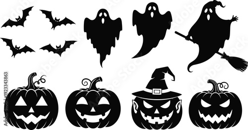 Halloween silhouette vector set featuring spooky ghosts, flying bats, carved pumpkins, jack-o-lanterns with witch hats, and a ghost on broomstick,