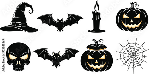 Halloween silhouette vector set featuring spooky skulls, flying bats, witch hats, carved pumpkins, lit candles, spider webs, and holiday ornaments,