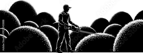 Gardener trimming bushes with hedge trimmer silhouette vector illustration, landscaping and gardening work concept, outdoor maintenance service, professional yard care, black minimal design