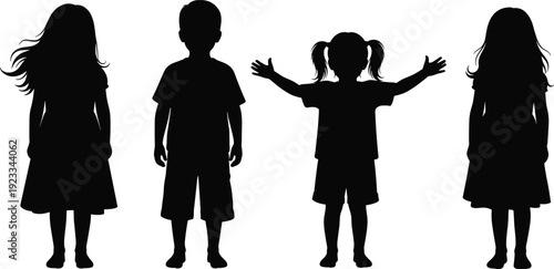 Set of black silhouettes of little children group including boys and girls standing in different poses isolated on a white background vector