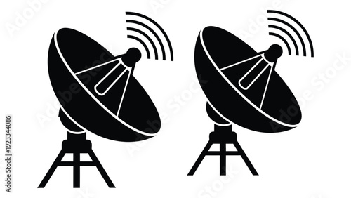 Two satellite dishes on tripods emitting signals isolated on white background, Vector