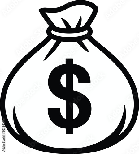 Bag of money black and white vector on white background.