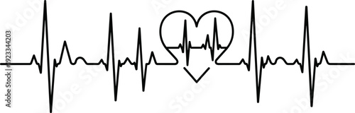 Heartbeat line with heart shape silhouette, pulse rate monitor, EKG ECG medical lifeline, health care and cardiology diagnostic symbols set,
