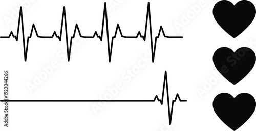Heartbeat pulse line with heart shape silhouette, cardiology diagnostic lifeline, medical health care monitoring symbols, EKG ECG rhythmic signal elements,