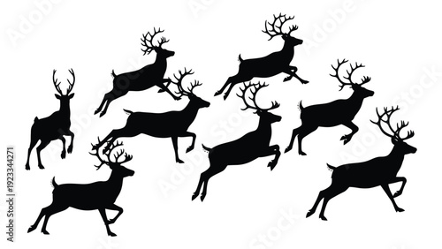 Seven black reindeer running in a line isolated on white background, Vector