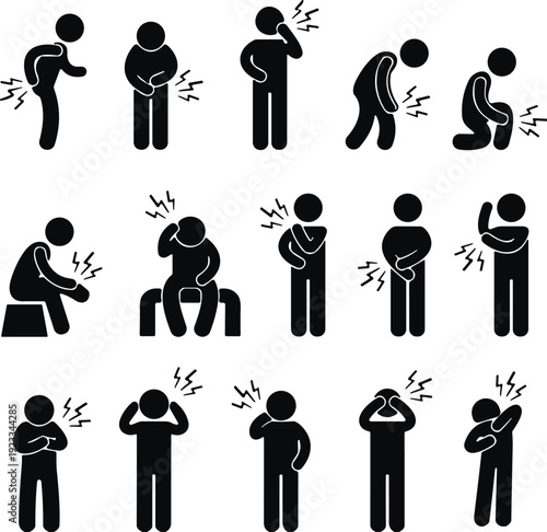 Human pain icons set depicting body ache, headache, stomach pain, injury, medical health symptoms, vector illustration, isolated, black, silhouette, design