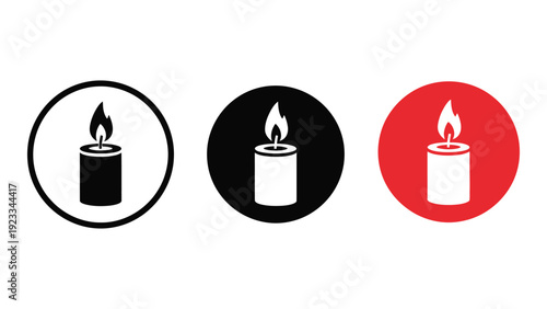 Three colored candle icons in circular frames isolated on white background, Vector