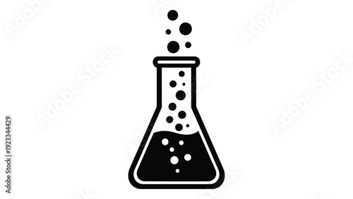 A black and white image of a conical flask with bubbles rising isolated on white background, Vector