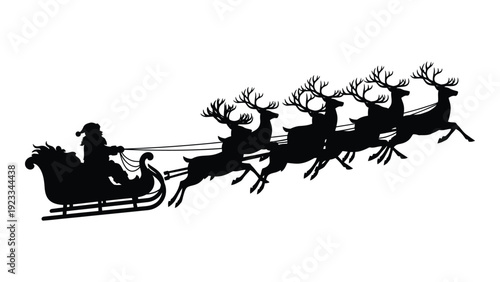 Santa claus rides through the night sky with reindeer isolated on white background, Vector