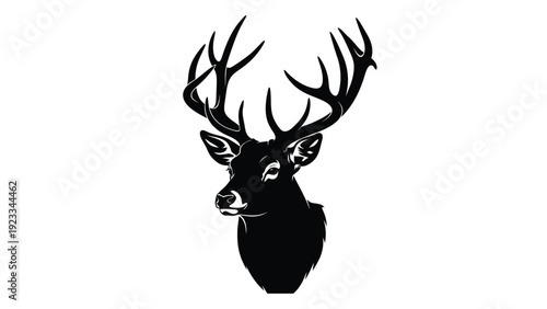 A black silhouette of a deer head with antlers isolated on white background, Vector