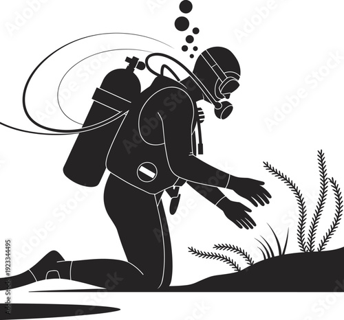 Scuba diver silhouette underwater exploration illustration, professional diver kneeling on seabed, deep sea adventure, diving equipment vector