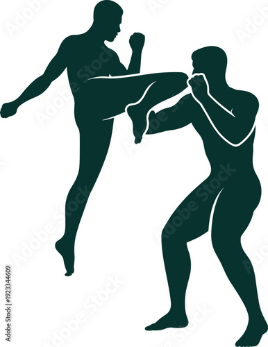 Martial arts fight silhouette illustration, two fighters sparring combat stance, self defense training, mixed martial arts action vector