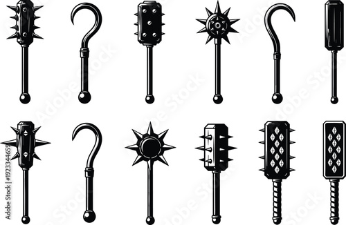 Medieval bludgeon weapons and iron hook set, spiked mace collection, morning star flail, ancient warrior equipment, executioner tools vector illustration, flat.