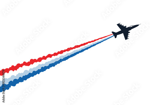Silhouette of a Jet Fighter Aircraft Performing an Aerial Display with Red White and Blue Smoke Trails.