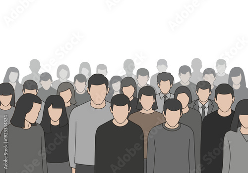 Diverse group of people standing together in a crowd.