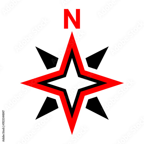 Red and black north direction sign . Compass symbol for map