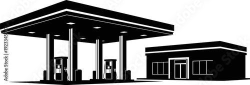 Gas Station Building and Fuel Pumps Black and White Vector Illustration, Service Station Canopy, Automotive Filling Stop, Silhouette Design Isolated.