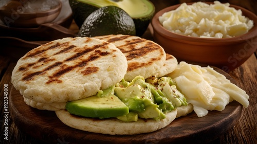 Grilled arepas stuffed with avocado and cheese food