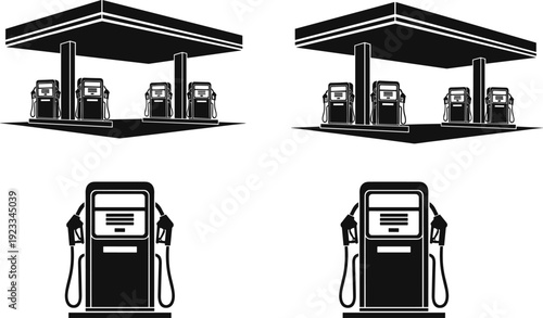 Gas station pump icon set, fuel and petrol service station silhouette vector illustration for transportation, energy industry, retro signage, and UI design
