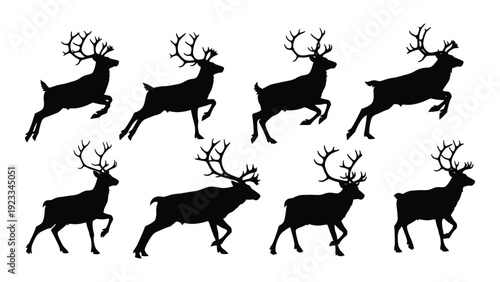 A group of running deer silhouettes isolated on white background, Vector