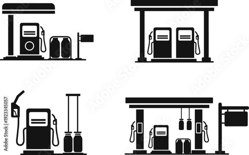Gas station silhouettes vector illustration collection, fuel pump and service station designs, petrol refueling infrastructure icons isolated on white background
