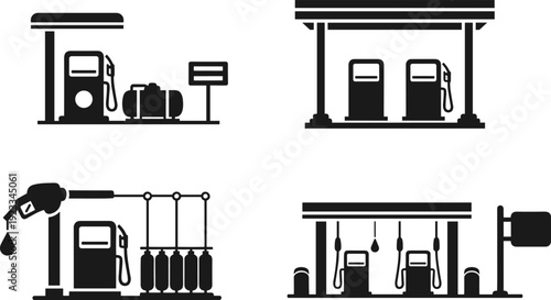 Gas station silhouettes vector illustration set, fuel pump and service station icons collection, petrol refueling infrastructure designs isolated on white background