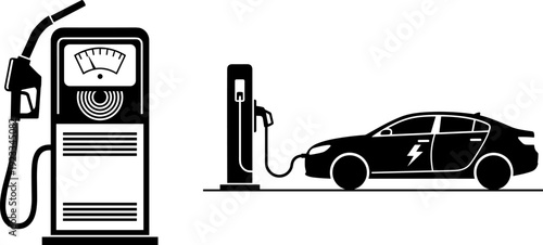 Gasoline Fuel Pump vs Electric Vehicle Charging Station, Comparative Black Silhouette Vector Graphic, Fossil Fuel and Future Sustainable EV Technology Concept