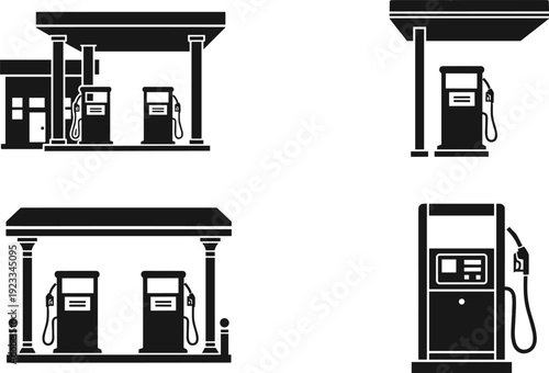 Gasoline and Petrol Station Canopy Black Silhouette Vector Set, Fuel Refueling Service Building Graphics, Auto Energy and Transportation Stop Icons, Retail Service and Roadside Business Illustration.