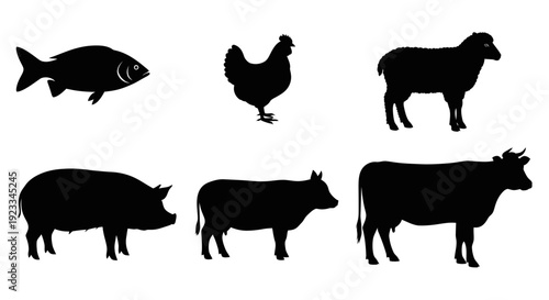 Farm Animals and Fish Silhouettes: Livestock Icons Set