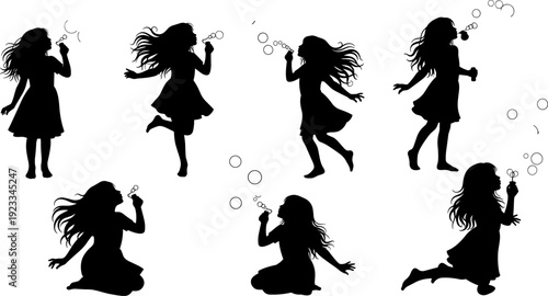 Girl blowing bubbles, playful silhouette, childhood activity, black vector, outdoor fun, bubble wand, dynamic poses, whimsical moment, dress figure, white background