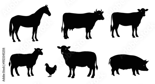 Farm Animal Silhouettes: Horse, Cow, Sheep, Chicken, Pig