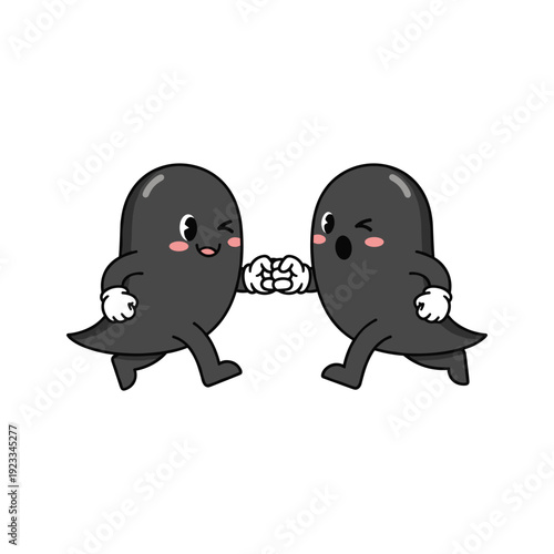 Cute cartoon characters playing tug of war with playful expressions