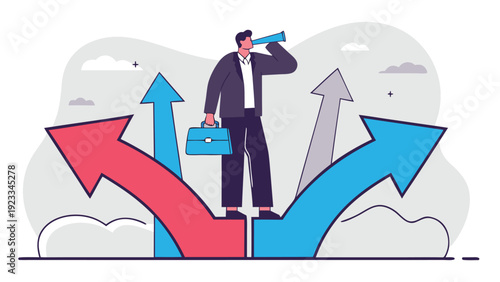 Businessman looking through a telescope standing on diverging arrows representing multiple business directions and opportunities