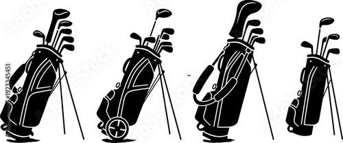 Golf bag silhouettes vector illustration set, professional sports equipment designs in black and white minimal style for golf branding, icons, posters, and print use