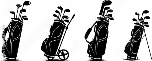 Golf bag silhouettes vector illustration set, professional sports equipment collection in black and white minimal style for branding, icons, posters, and print design