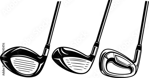 Golf Club Head Black Silhouette Set, Driver, Fairway Wood, and Iron Design, Sporting Equipment, Isolated Monochrome Vector Illustration Collection