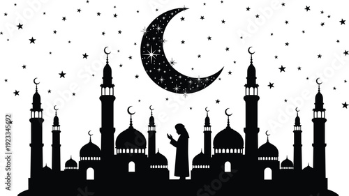 Zebra with foal, mushroom silhouettes, Islamic calligraphy with mosque, music notation, business management icons, heart shapes, web symbols, and Ramadan greetings,