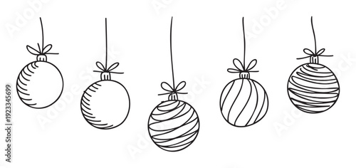 Collection of hand drawn outline Christmas baubles dangling for holiday event invitations party decor or winter celebration promotions