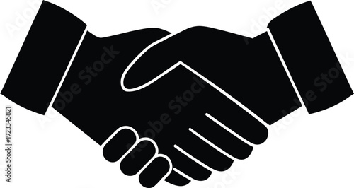 Black and white illustration of two hands shaking in a friendly gesture