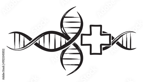 DNA helix intertwined with a medical cross representing the intersection of genetics and healthcare suitable for scientific publications medical clinic branding or biological research