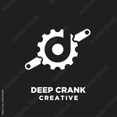 Deep Crank Creative Logo Design with Stylized Bicycle Gear and Crank Arms forming Letter D