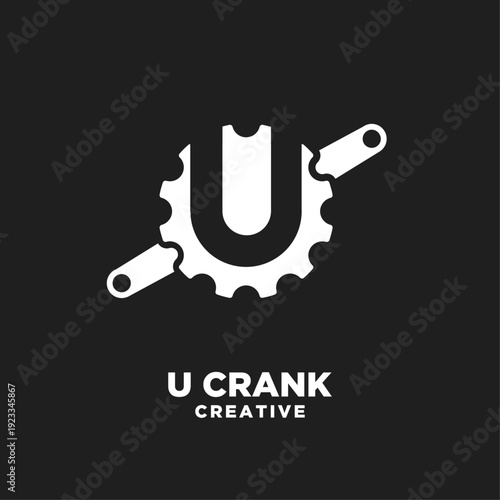 Creative U Crank Logo Design combining the letter U with a bicycle crankset gear icon, symbolizing cycling, innovation, or a mechanic business.