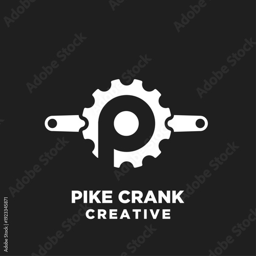 Pike Crank Creative Logo with Stylized Bicycle Crankset and Letter P Design