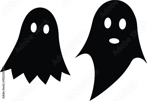 Two black silhouettes of playful ghosts with simple rounded features