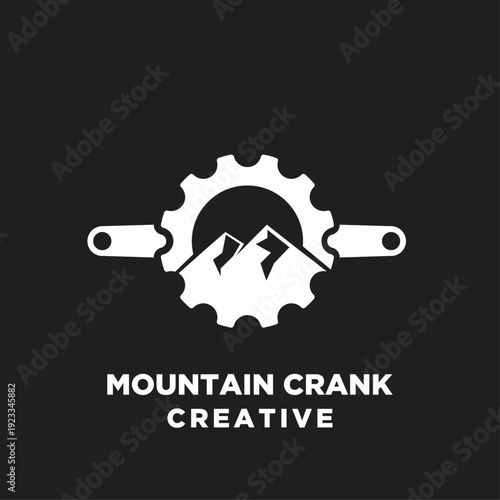 Creative mountain bike crank gear logo design with integrated mountain peaks